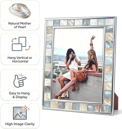 Mother of Pearl Picture Frame 6X8, Grey + White, 1Pc | Silver Plate Wall or Tabletop Frame, Wedding Photo Frame, Mosaic Glass Beach Frame, Holiday Gift
