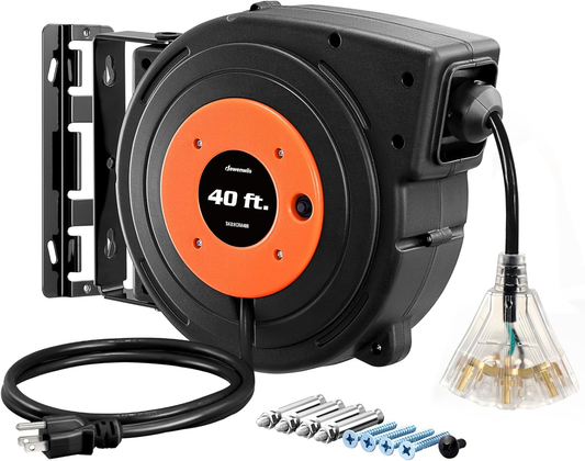 40FT Retractable Extension Cord Reel, 12AWG/3C SJTOW, UL Listed | 15A Circuit Breaker,3 Grounded Outlets Lighted Triple Tap,Ceiling/Wall Mount, 180°Swivel Bracket, Automatic Retractable