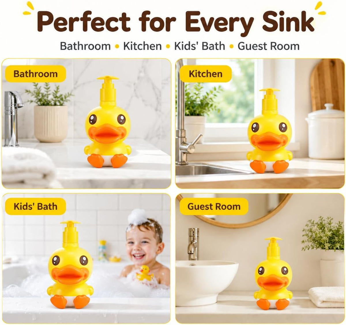 Plastic Cute Duck Soap Dispenser for Kid or Children with Pump | Fun Dispenser for Bathroom Fit Lotion Shampoo Shower Hand Sanitizer, Animal Yellow Duck Themed Soap Bottle Bath Accessories