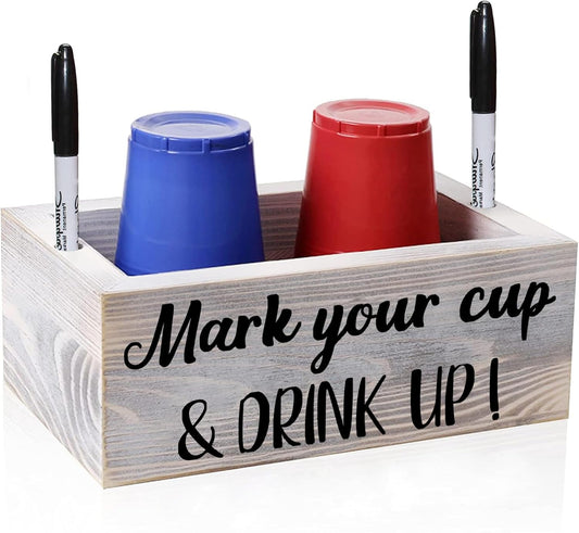 Wooden Cup Holder with Marker Slot, Mark Your Cup & Drink up Party Decor | Disposable Cup Organizer for Holiday Gatherings, Hosting Essential to Prevent Mix-Ups, Reduce Waste, 9.45X5.75X5.75 In