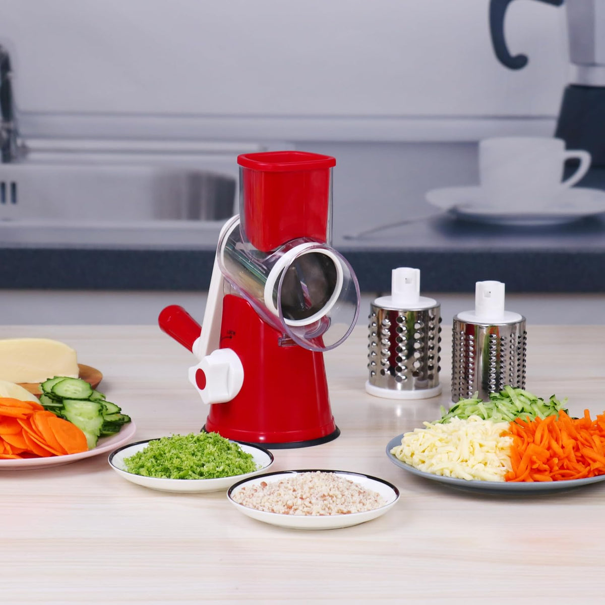 Rotary Cheese Grater Hand Crank, Kitchen Shredder Speed Mandolin Slicer Nut Grinder with Handle and Drum Blades for Cheese, Vegetable, Walnut, Chocolate, Potato, Carrot, 3 Blades, Red