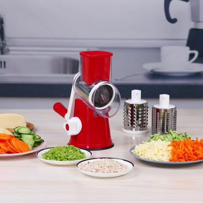 Rotary Cheese Grater Hand Crank, Kitchen Shredder Speed Mandolin Slicer Nut Grinder with Handle and Drum Blades for Cheese, Vegetable, Walnut, Chocolate, Potato, Carrot, 3 Blades, Red
