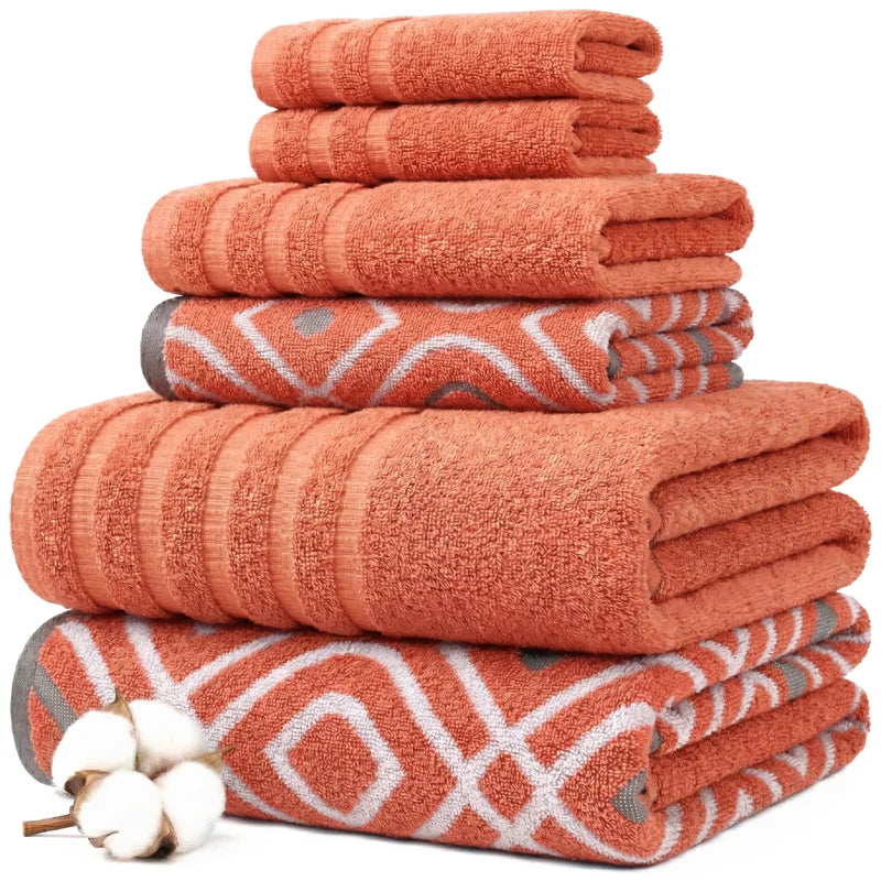 Oxford 6-Piece Yarn Dyed Jacquard & Solid Towel Set – 100% Cotton, Quick Dry & Absorbent Bath, Hand & Washcloths