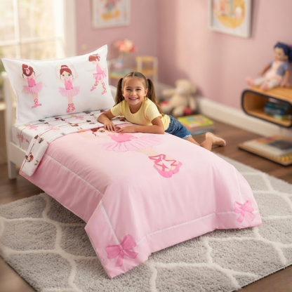 4 Piece Toddler Bedding Set -Born to Dance Ballerina- Includes Comforter, Flat Sheet, Fitted Sheet and Reversible Pillowcase