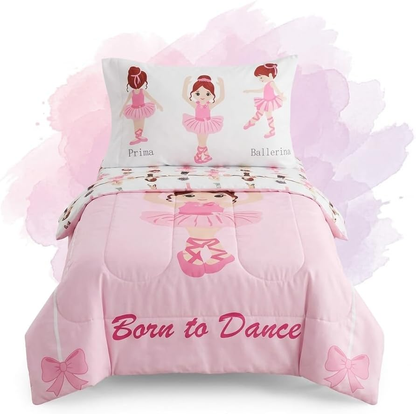 4 Piece Toddler Bedding Set -Born to Dance Ballerina- Includes Comforter, Flat Sheet, Fitted Sheet and Reversible Pillowcase