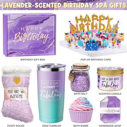 Happy Birthday Gifts for Women Friendship, Birthday Gift Box for Mom Sister | Unique Lavender Birthday Spa Gift Set, Best Friend Birthday Gifts Basket Self Care Gift Idea for Her Wife Girlfriend Coworker