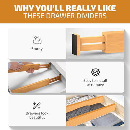 4-Pack Drawer Divider - 2.6" High, 16" to 22" Adjustable Bamboo Drawer Organizers for Clothes, Expandable Dresser Separators in Bedroom/Bathroom/Kitchen/Office Organization and Storage