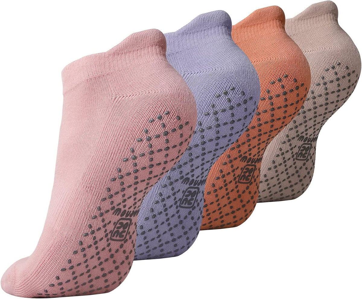 Unisex Non Slip Grip Socks for Yoga Pilates Barre Home & Hospital | Breathable Cotton, 4 Pairs, anti Skid, Cushion Sole, Ankle High Socks for Gift, Ballet, Pregnant and Elderly