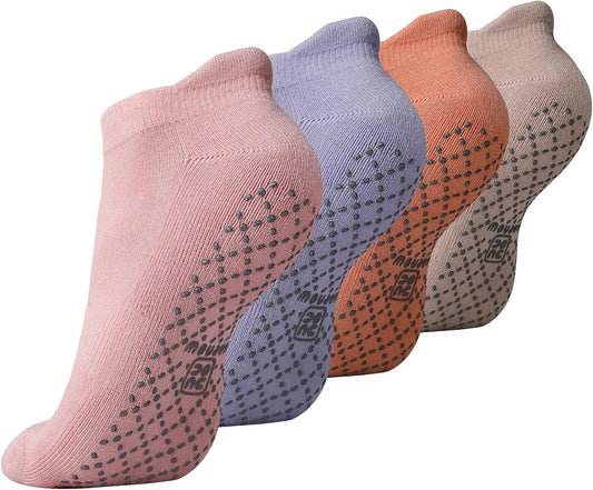 Unisex Non Slip Grip Socks for Yoga Pilates Barre Home & Hospital | Breathable Cotton, 4 Pairs, anti Skid, Cushion Sole, Ankle High Socks for Gift, Ballet, Pregnant and Elderly