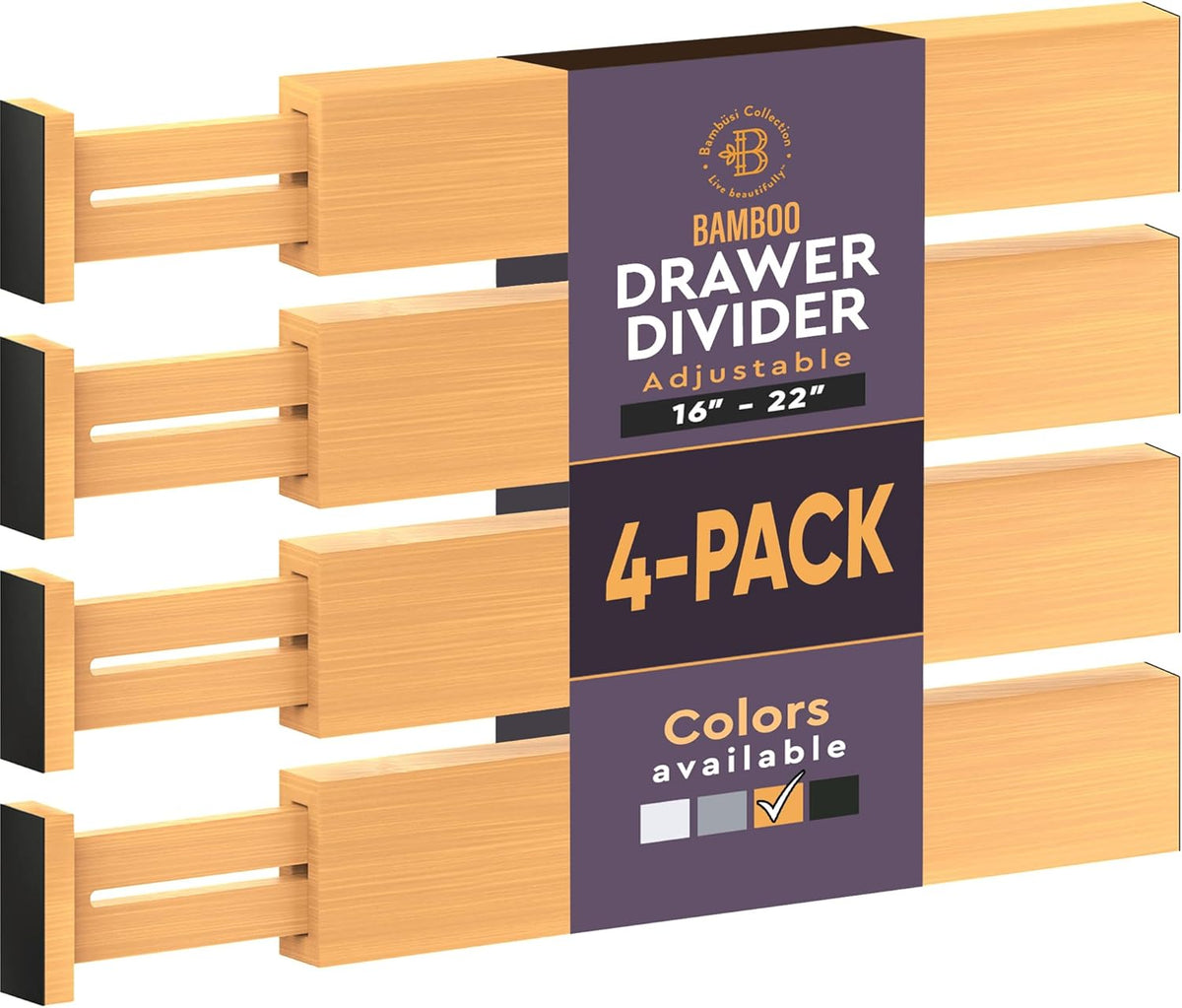 4-Pack Drawer Divider - 2.6" High, 16" to 22" Adjustable Bamboo Drawer Organizers for Clothes, Expandable Dresser Separators in Bedroom/Bathroom/Kitchen/Office Organization and Storage