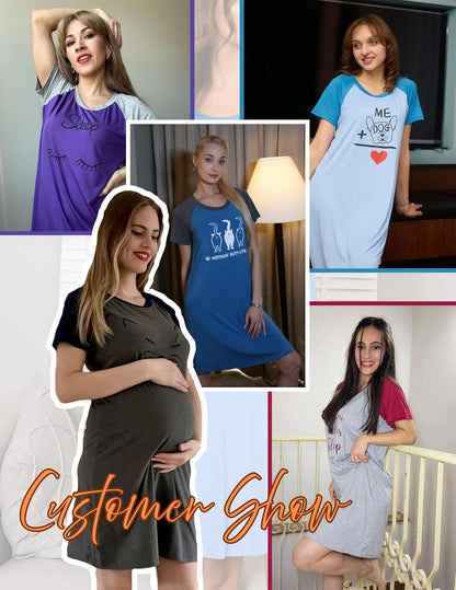 Nightgowns for Women Short Sleeve Night Dress Printed Sleepwear | Crewneck Night Gown Ladies Sleep Shirts Soft Sleepwear Lightweight & Casual Pajama Dress Cute Printed