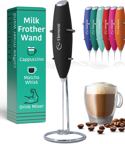 Milk Frother Wand & Electric Stirrer with Stand - Turbo Coffee & Milk Frother Handheld - Hand Held Coffee Mixer Wand & Cold Foam Maker for Frothy Cappuccinos, Lattes & Drink Mixes at Home (Black)