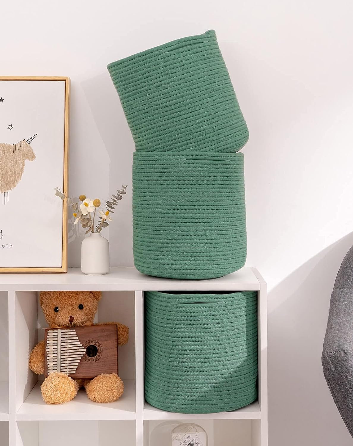 Storage Cubes Baskets Bins Organizer 11X11X11'' Fit 12X12''Cube Storage Organizer Bookcases Shelf,Durable Woven Cotton Storage Basket for Organizing,Round 3Pack Green