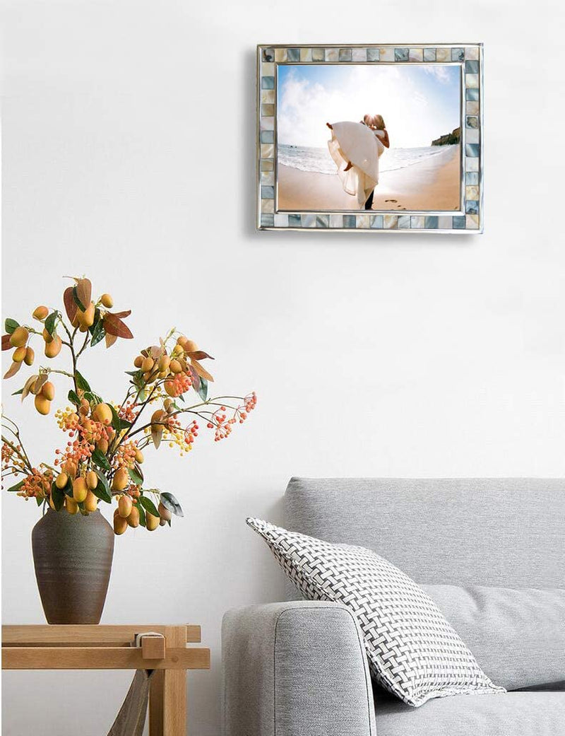 Mother of Pearl Picture Frame 6X8, Grey + White, 1Pc | Silver Plate Wall or Tabletop Frame, Wedding Photo Frame, Mosaic Glass Beach Frame, Holiday Gift
