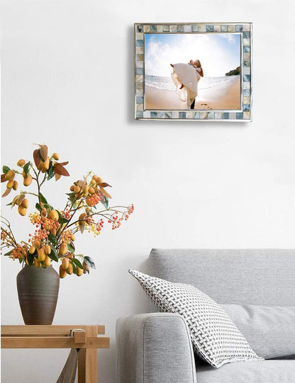 Mother of Pearl Picture Frame 6X8, Grey + White, 1Pc | Silver Plate Wall or Tabletop Frame, Wedding Photo Frame, Mosaic Glass Beach Frame, Holiday Gift