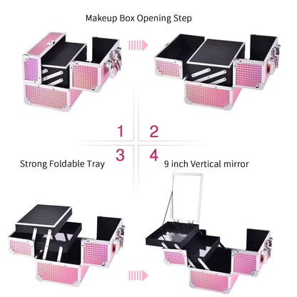 Makeup Case Organizer Makeup Box Cosmetic Train Case with Mirror | Cosmetic Box Portable Makeup Box Organizer 2 Trays Makeup Storage with Locking for Makeup Artist Nail Tech Kits Mermaid Pink