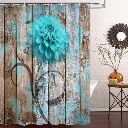 Farmhouse Flower Floral Shower Curtain, Rustic Teal Turquoise Dahlia Shower Curtain Set, Country Blue Wild Garden Plant Fabric Shower Curtain with Hooks, Surreal Bathroom Curtain, 69X70Inch