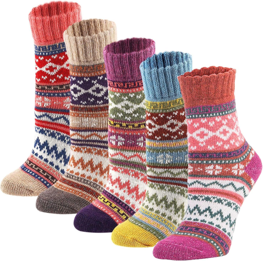 5Pack Womens Vintage Winter Soft Warm Thick Knit Wool Crew Socks | Soft Hiking Boot Hosiery House Sock,Free Size 5-9, Classic Cozy Cold Winter Fall Gift for Mom Grandma Wife Stocking Stuffers