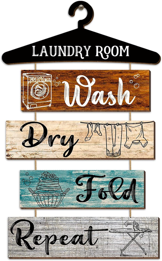 5 Pcs Laundry Room Decor Sign Wash Dry Fold,Multicolored Backing | Vintage Rustic Farmhouse Wall Art Hanging with Hanger Hook, Wooden Sign for Bathroom Home Accessories, Rustic 19.7 X 11 Inch