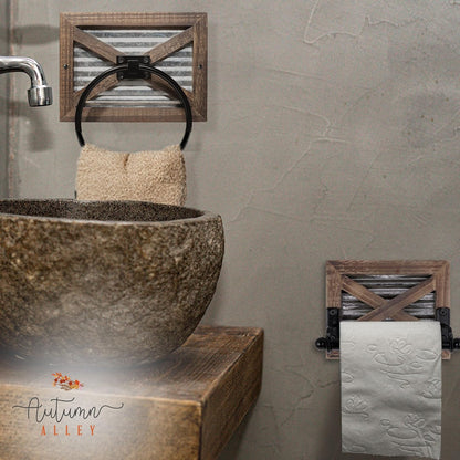 Rustic Farmhouse Toilet Paper Holder Wall - Farmhouse Bathroom Country Decor Accessories with Warm Brown Wood, Galvanized Metal & Black Adds Western Decor Charm
