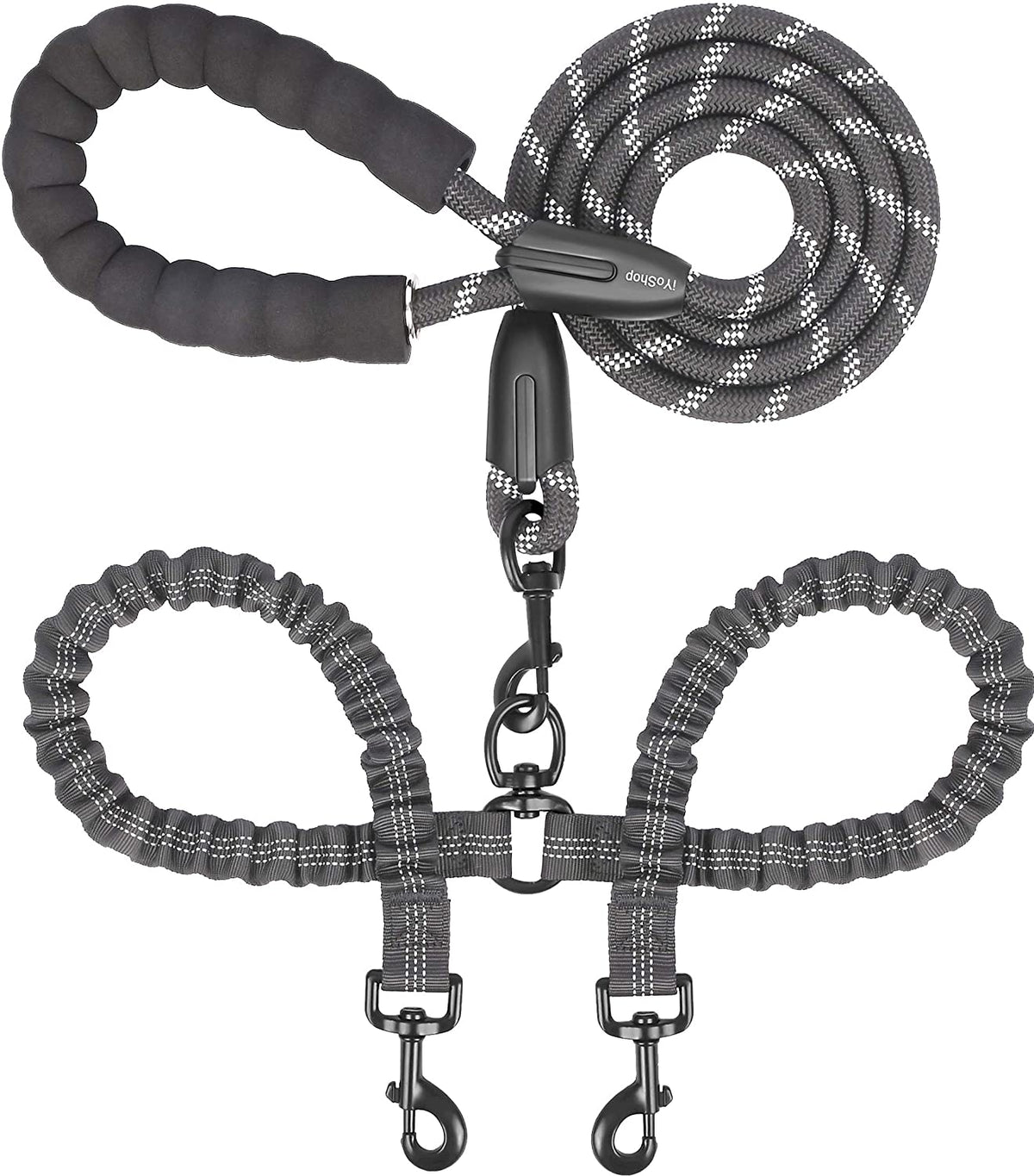 Double Dog Leash, 360° Swivel, No Tangle, Large, 25-150 Lbs, Black | Dual Leash for Two Dogs, Split Leash, Shock-Absorbing Bungee, Padded Handle, Heavy-Duty Rope