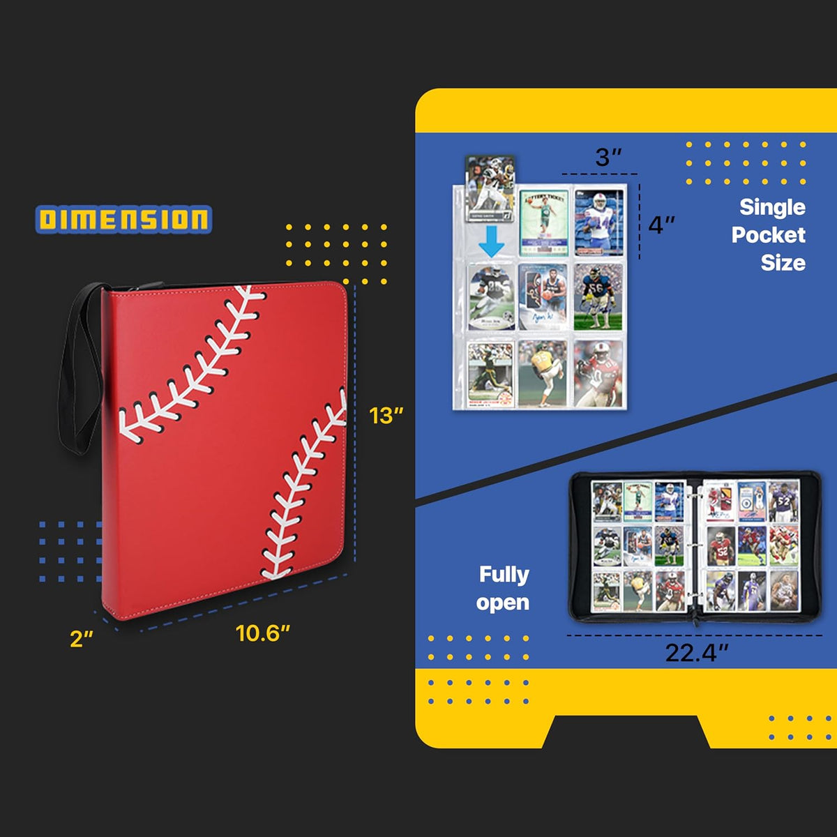 Baseball Card Binder, 9 Pocket Sports Card Binder, 720 Double Sided Pocket Zipper Album, Baseball Cards Zipper Display Holder, Expandable, Compatible with Gaming Cards, Yugioh, MTG and Other TCG