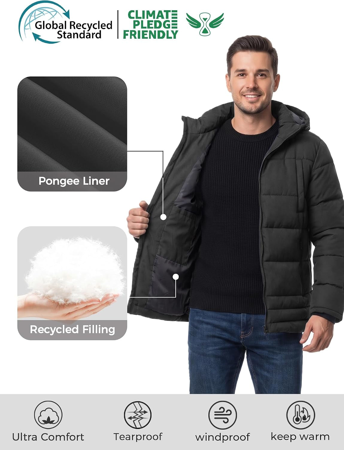 Men'S Hooded Puffer Jacket Thick Padded Waterproof Warm Winter Coat | Waterproof 5000Mm,Windproof,Warm Insulation,Multi-Pockets,Dailywear,Outdoor Work,Commutes,Camping