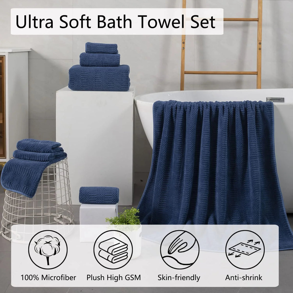 4 Pack Large Bath Towel Set 600 GSM Ultra Soft Oversized Navy Blue Towel Set 35"X70" Extra Large Bath Sheets