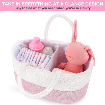 Diaper Caddy Organizer, Rope Woven Storage Baske, Pink | Cotton Rope, Nursery Storage Basket for Car & Changing Table | Holds Diapers, Wipes & Baby Essentials | Durable