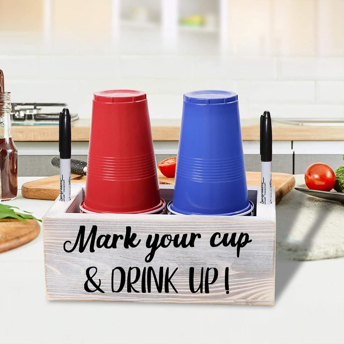 Wooden Cup Holder with Marker Slot, Mark Your Cup & Drink up Party Decor | Disposable Cup Organizer for Holiday Gatherings, Hosting Essential to Prevent Mix-Ups, Reduce Waste, 9.45X5.75X5.75 In