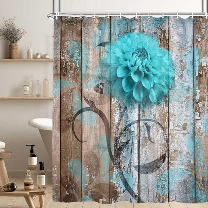 Farmhouse Flower Floral Shower Curtain, Rustic Teal Turquoise Dahlia Shower Curtain Set, Country Blue Wild Garden Plant Fabric Shower Curtain with Hooks, Surreal Bathroom Curtain, 69X70Inch