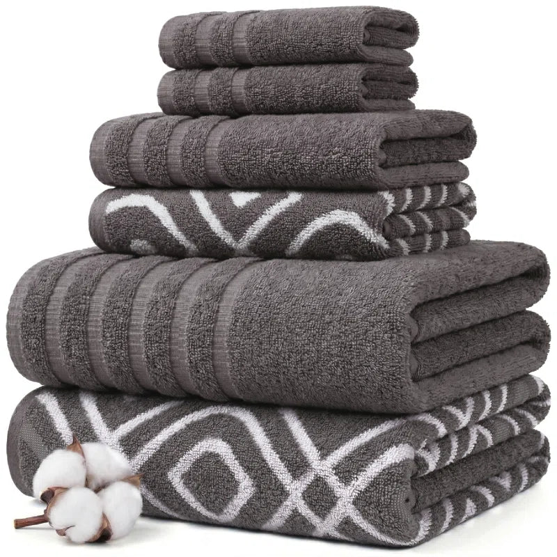 Oxford 6-Piece Yarn Dyed Jacquard & Solid Towel Set – 100% Cotton, Quick Dry & Absorbent Bath, Hand & Washcloths