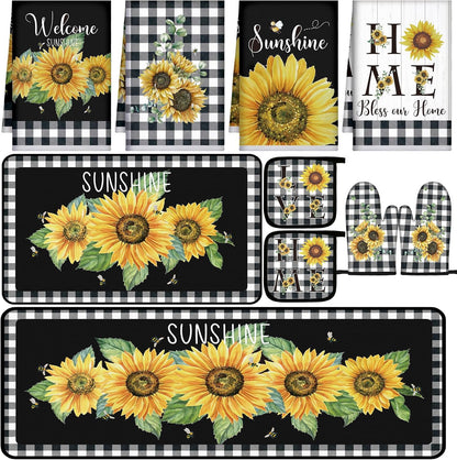 10 Pcs Sunflower Kitchen Decor Set Black Buffalo Plaid