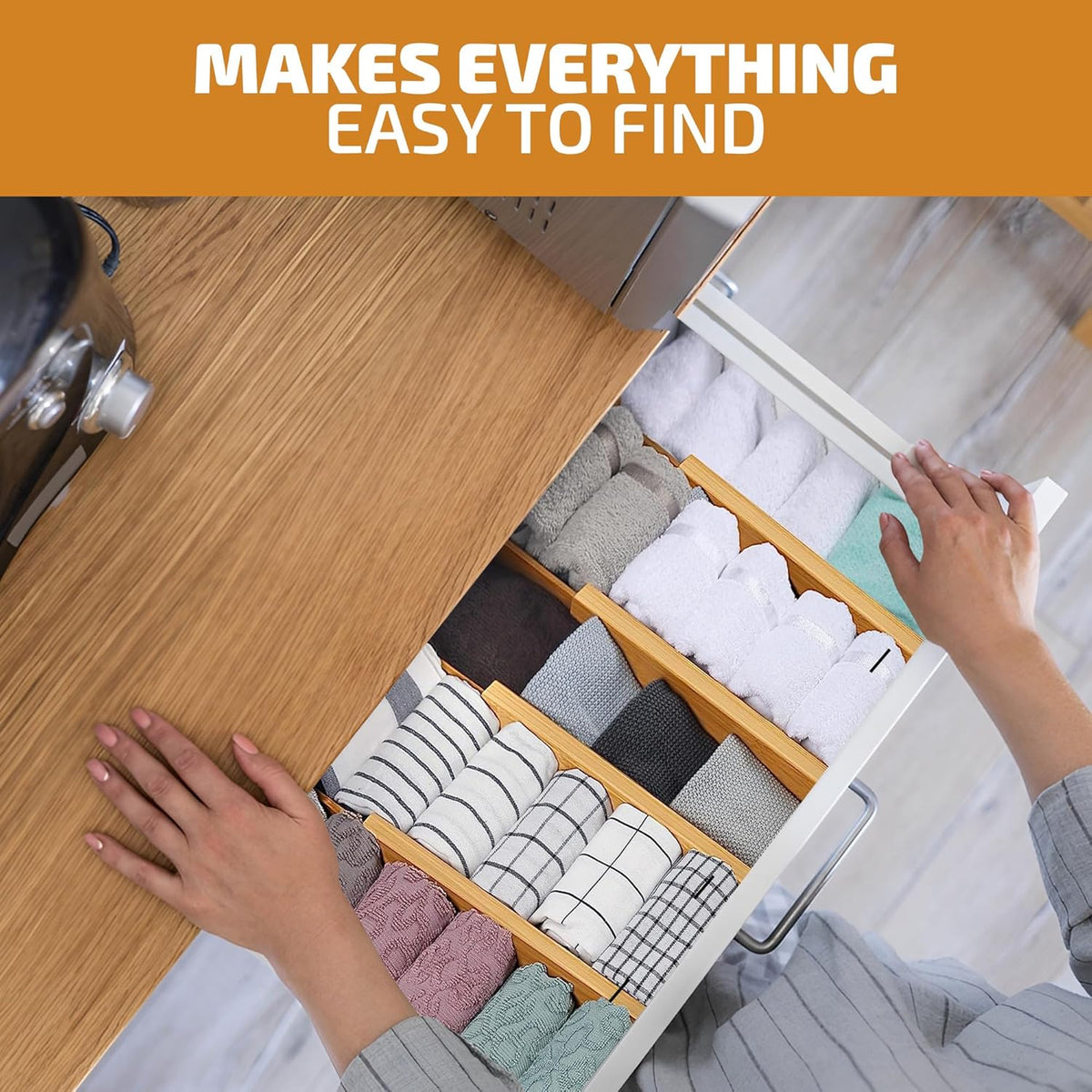 4-Pack Drawer Divider - 2.6" High, 16" to 22" Adjustable Bamboo Drawer Organizers for Clothes, Expandable Dresser Separators in Bedroom/Bathroom/Kitchen/Office Organization and Storage