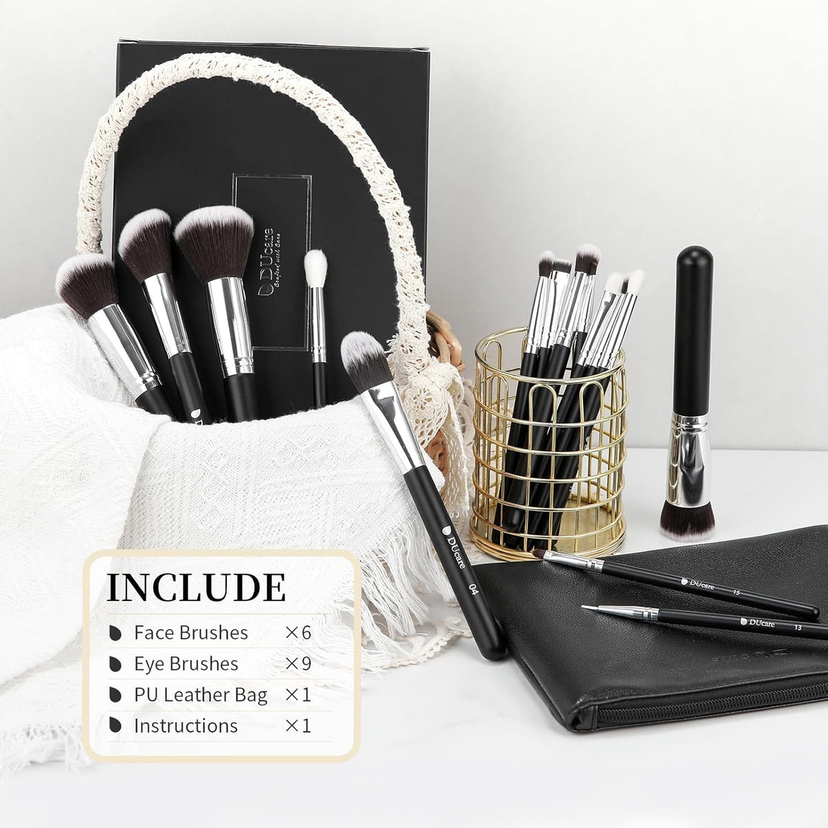 Makeup Brushes with Travel Bag 15Pcs Makeup Brush Set | Premium Synthetic Powder Foundation Contour Blush Concealer Eye Shadow Blending Liner Make up Brush Kit