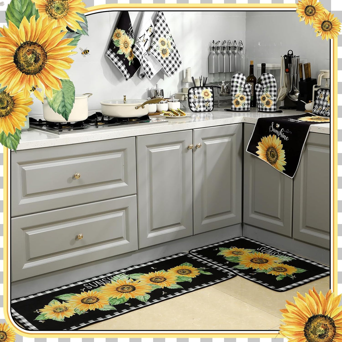 10 Pcs Sunflower Kitchen Decor Set Black Buffalo Plaid