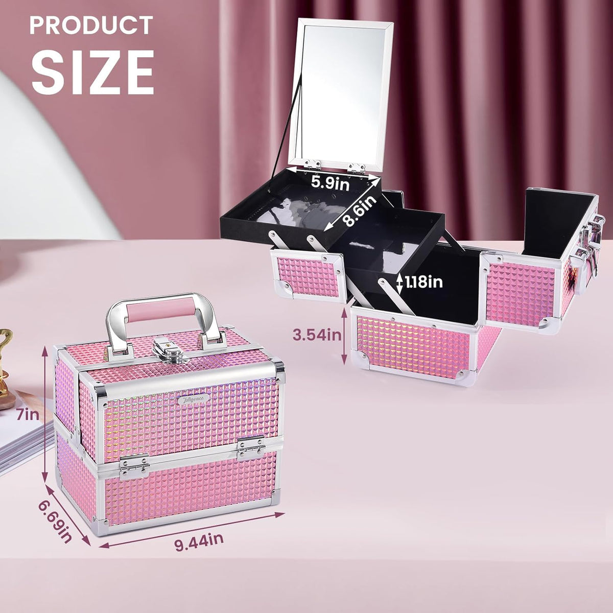 Makeup Case Organizer Makeup Box Cosmetic Train Case with Mirror | Cosmetic Box Portable Makeup Box Organizer 2 Trays Makeup Storage with Locking for Makeup Artist Nail Tech Kits Mermaid Pink