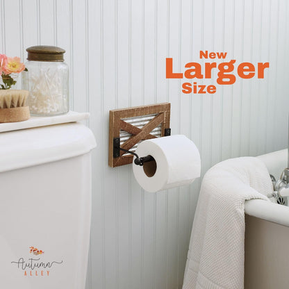 Rustic Farmhouse Toilet Paper Holder Wall - Farmhouse Bathroom Country Decor Accessories with Warm Brown Wood, Galvanized Metal & Black Adds Western Decor Charm