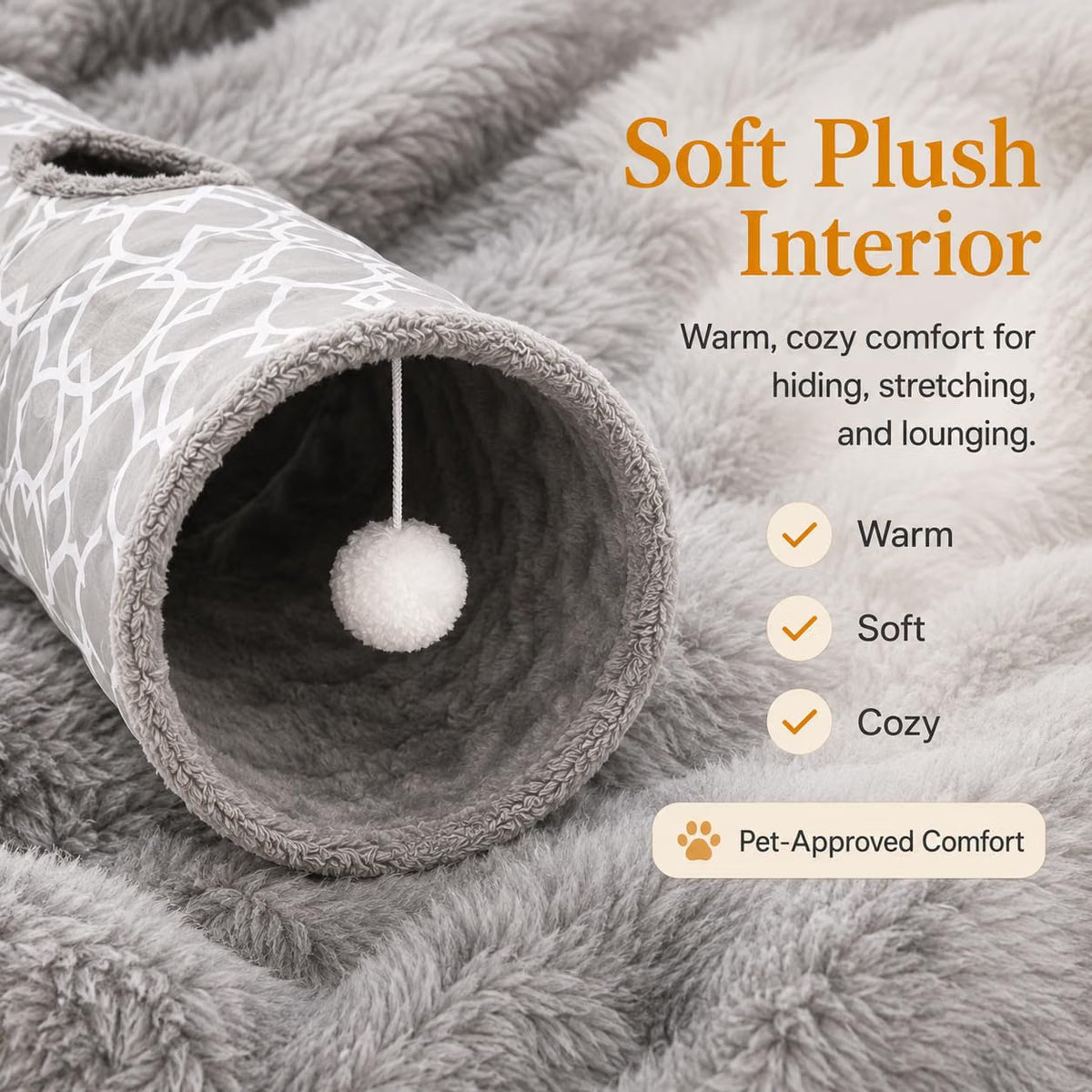 Geometric Straight Cat Tunnel with Plush Inside,Cats Toys Collapsible Tunnel Tube with Balls, for Rabbits, Kittens, Ferrets,Puppy, Diameter 9.8 Inch