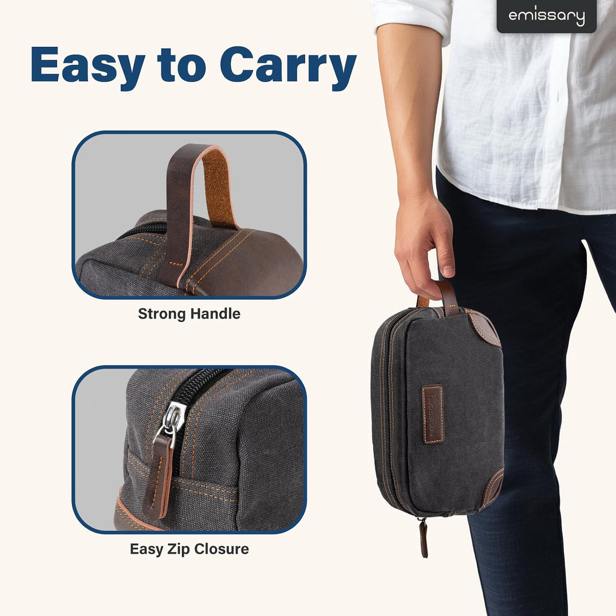 Men'S Canvas Travel Toiletry Bag, Leather Dopp Kit - Gray | Durable Canvas & PU Leather, Water-Resistant Lining, Side Handle; Roomy Men'S Dopp Kit for Travel & Gym
