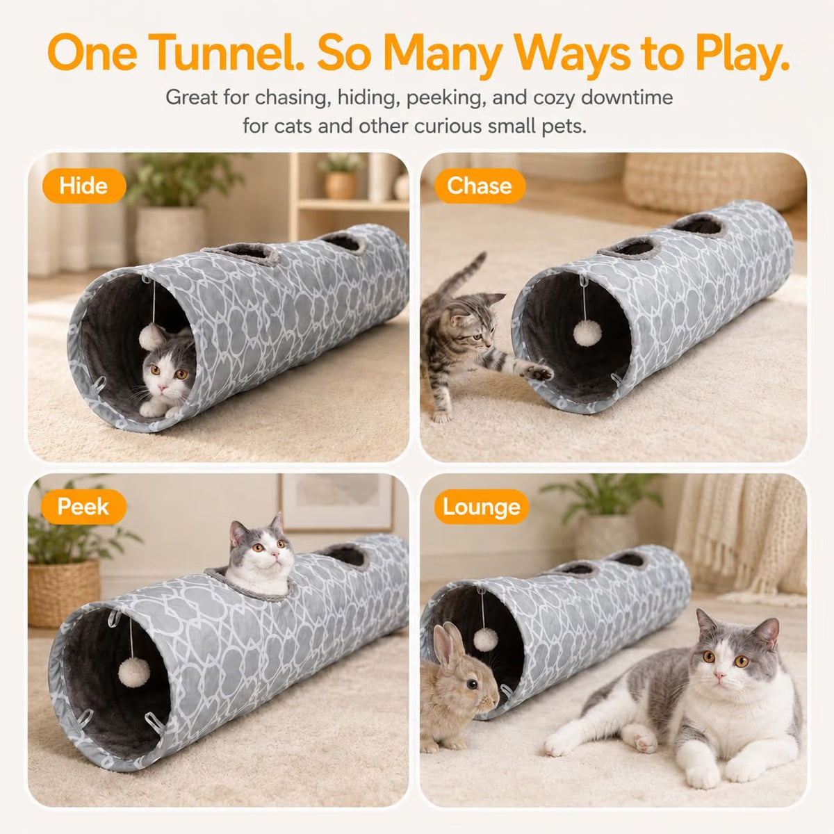 Geometric Straight Cat Tunnel with Plush Inside,Cats Toys Collapsible Tunnel Tube with Balls, for Rabbits, Kittens, Ferrets,Puppy, Diameter 9.8 Inch