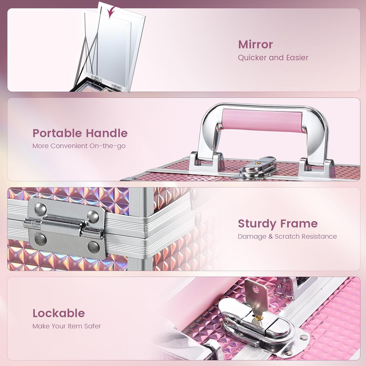 Makeup Case Organizer Makeup Box Cosmetic Train Case with Mirror | Cosmetic Box Portable Makeup Box Organizer 2 Trays Makeup Storage with Locking for Makeup Artist Nail Tech Kits Mermaid Pink