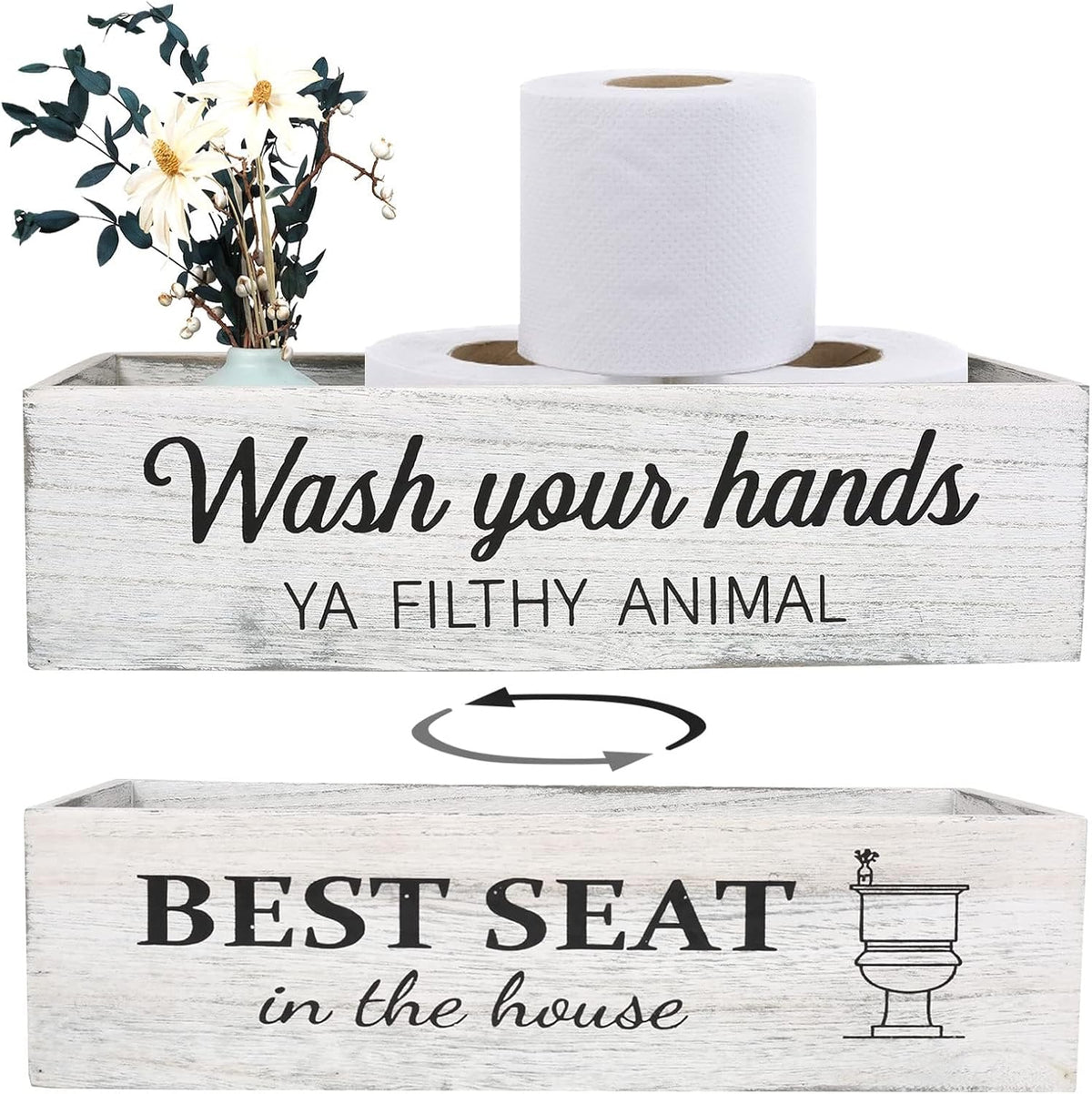 Bathroom Decor Box, Toilet Paper Basket with 2 Sides Signs, Farmhouse Tank Topper, Rustic Home Decor for Livingroom Kitchen (One Whitewashed Box)