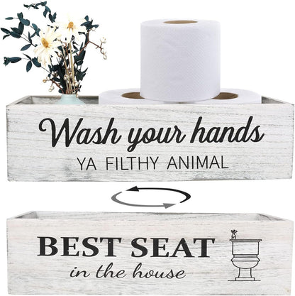 Bathroom Decor Box, Toilet Paper Basket with 2 Sides Signs, Farmhouse Tank Topper, Rustic Home Decor for Livingroom Kitchen (One Whitewashed Box)