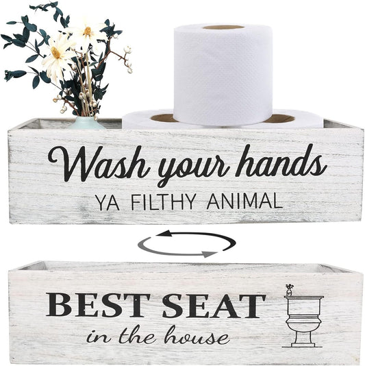 Bathroom Decor Box, Toilet Paper Basket with 2 Sides Signs, Farmhouse Tank Topper, Rustic Home Decor for Livingroom Kitchen (One Whitewashed Box)
