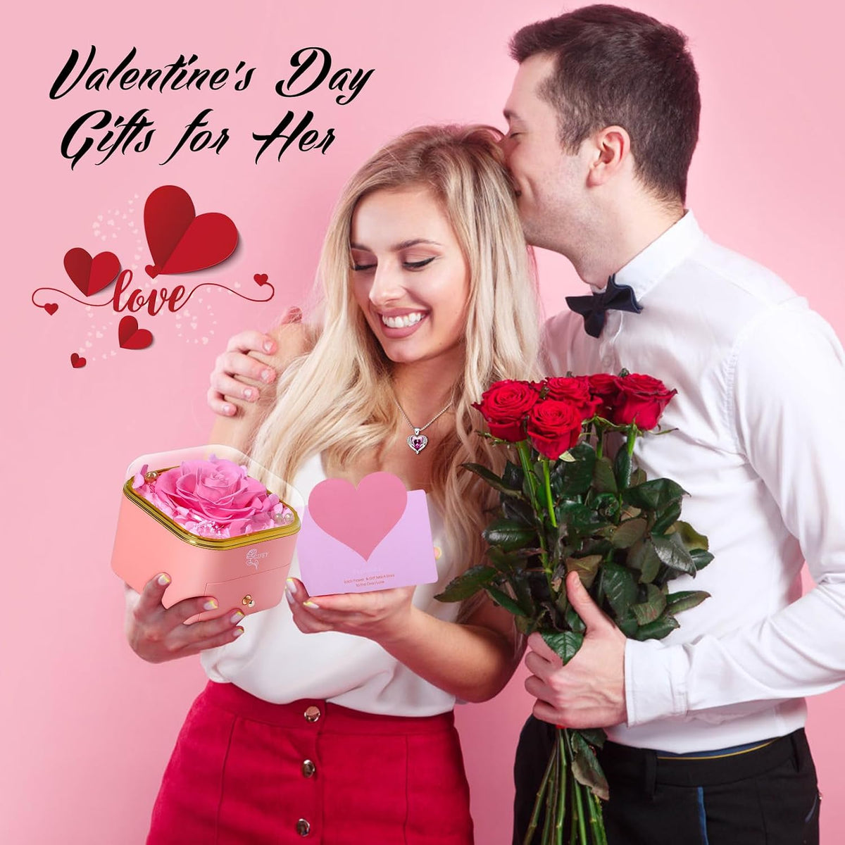 Pink Preserved Rose with Necklace, Heart Shaped Jewelry Box Set for Women | Surprise Her with a Beautiful Red Rose and Heart Charm Pendant, Comes with Pink Card and Gift Wrapping, for Anniversaries
