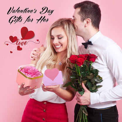 Pink Preserved Rose with Necklace, Heart Shaped Jewelry Box Set for Women | Surprise Her with a Beautiful Red Rose and Heart Charm Pendant, Comes with Pink Card and Gift Wrapping, for Anniversaries