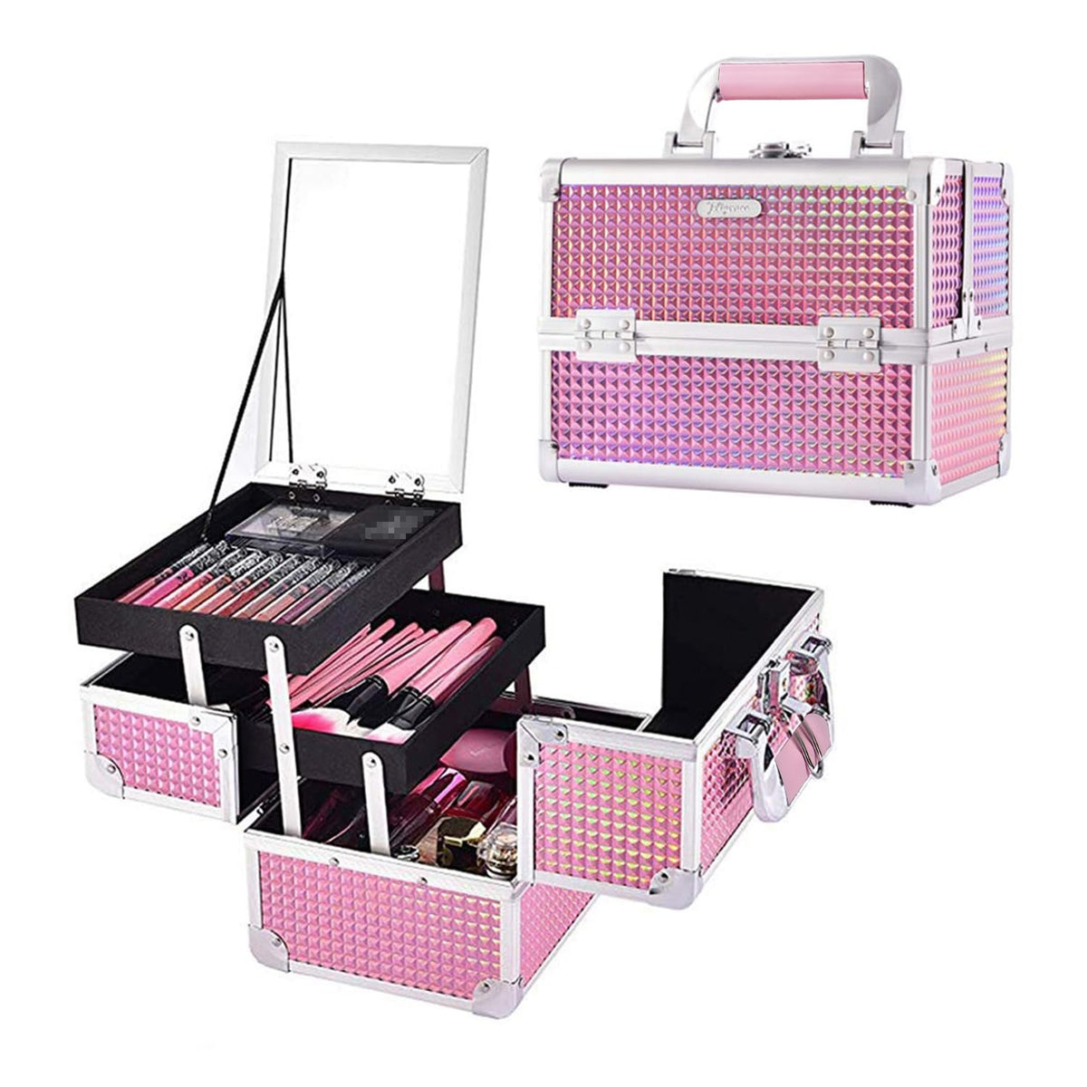 Makeup Case Organizer Makeup Box Cosmetic Train Case with Mirror | Cosmetic Box Portable Makeup Box Organizer 2 Trays Makeup Storage with Locking for Makeup Artist Nail Tech Kits Mermaid Pink