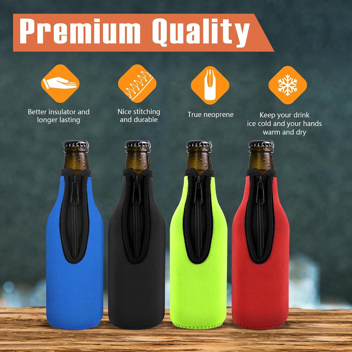 Beer Bottle Insulator Sleeve Different Color. Zip-Up Bottle Jackets. Keeps Beer Cold and Hands Warm. Classic Extra Thick Neoprene with Stitched Fabric Edges, Enclosed Bottom (Set of 12 Color)
