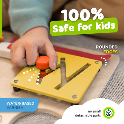 Montessori Busy Board, Premium Wooden Sensory Toy | Busy Board for 3 Year Old with 10 Educational Activities for Fine Motor Skills, Travel Toy